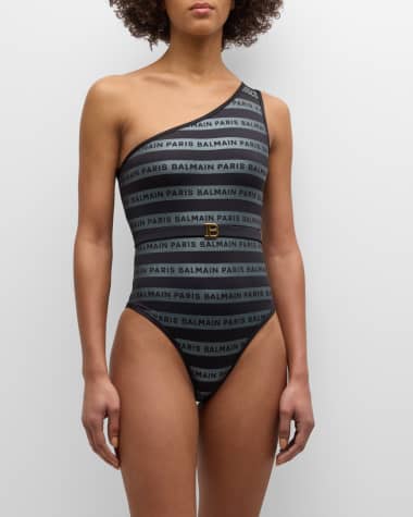 Balmain Striped Logo One-Shoulder One-Piece Swimsuit