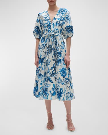 Figue Joyce Floral-Print Puff-Sleeve Midi Dress