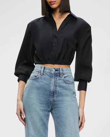 Alice + Olivia Trudy Cropped Pleated Blouson-Sleeve Top