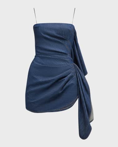 LaQuan Smith Strapless Denim Mini Dress with Ruffle Detail
