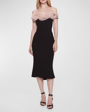 Marchesa Fitted Midi Dress with Ruffle Neckline