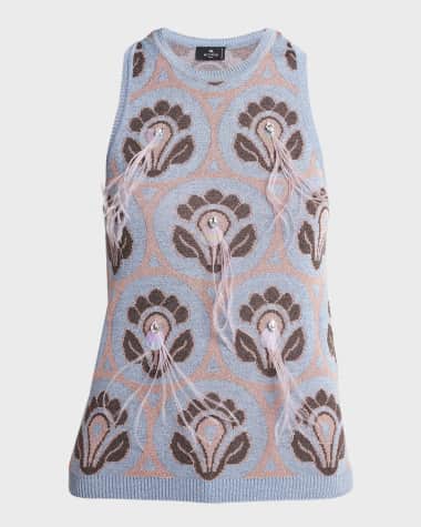 Etro Crystal Feather Embellished Foulard Knit Tank Top