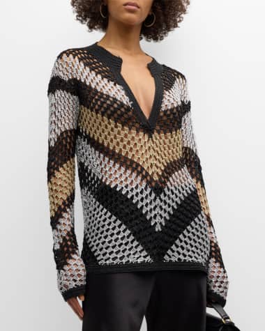 Dodo Bar Or Ggo Crochet Stripe V-Neck Long-Sleeve Shirt