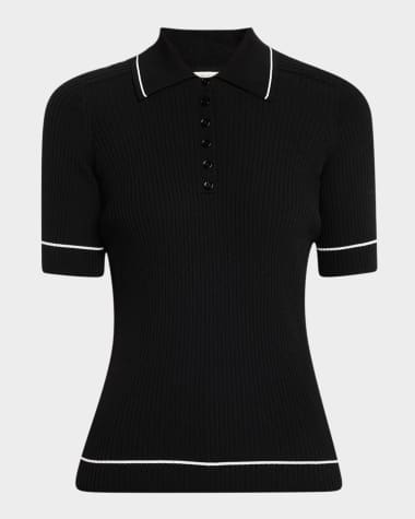 Lafayette 148 New York Ribbed Elbow-Sleeve Polo T-Shirt