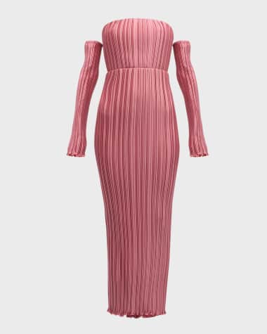 L'IDEE Gatsby Pleated Strapless Cold-Shoulder Gown