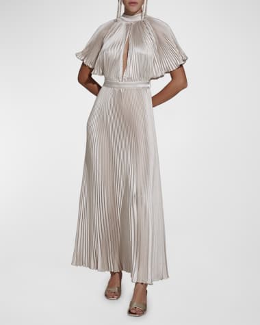 L'IDEE Elite Pleated Flared-Sleeve Cutout Gown