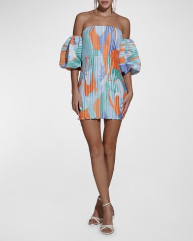 L'IDEE Sirene Off-Shoulder Pleated Bell-Sleeve Bodycon Mini Dress