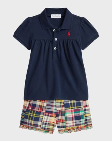 Ralph Lauren Childrenswear Girl's Stretch Mesh Babydoll Polo Shirt and Shorts Set, Size 6M-24M