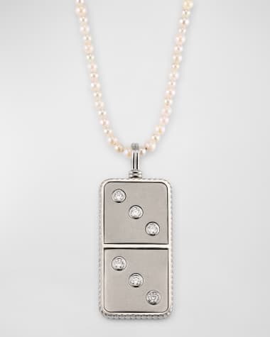 Retrouvai Platinum and Diamond Domino Pendant on Akoya Pearl Necklace, 30"L