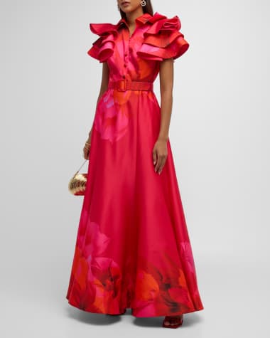 Badgley Mischka Collection Floral-Print Ruffle-Sleeve Shirt Gown
