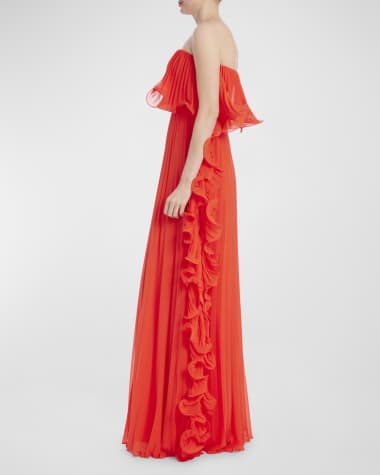 Badgley Mischka Collection Strapless Pleated Ruffle Gown