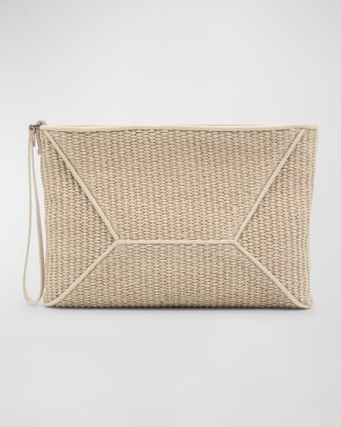 Brunello Cucinelli Zip Raffia & Leather Wristlet