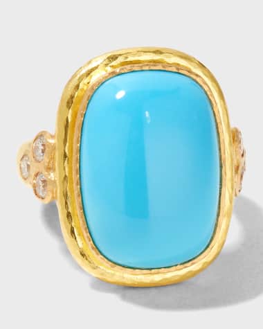 Elizabeth Locke 19K Gold Cushion-Cut Turquoise Ring with Diamonds, Size 6.5