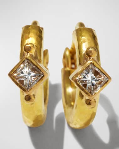Elizabeth Locke 19K Baby Hammered Hoop Earrings with Princess Cut Diamonds
