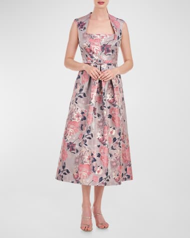 Kay Unger New York Lizabeth Pleated Floral Jacquard Midi Dress