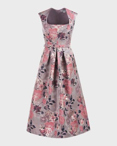 Kay Unger New York Lizabeth Pleated Floral Jacquard Midi Dress