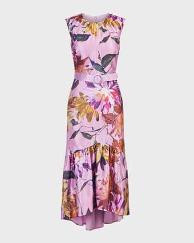 Kay Unger New York Beatrix Ruched Floral-Print High-Low Midi Dress