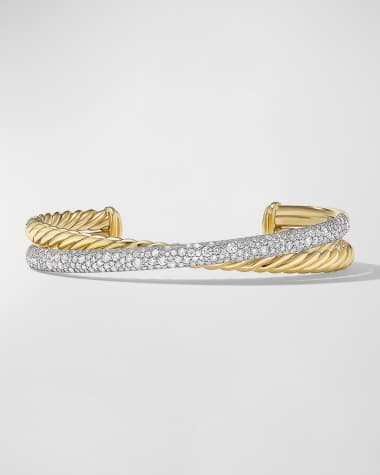 David Yurman Pave Crossover Two Row Cuff Bracelet with Diamonds in 18K Gold, 10.5mm