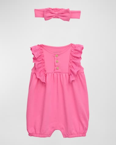 Kissy Love by Kissy Kissy Girl's Ruffle Trim Romper W/ Headband Set, Size 6M-24M