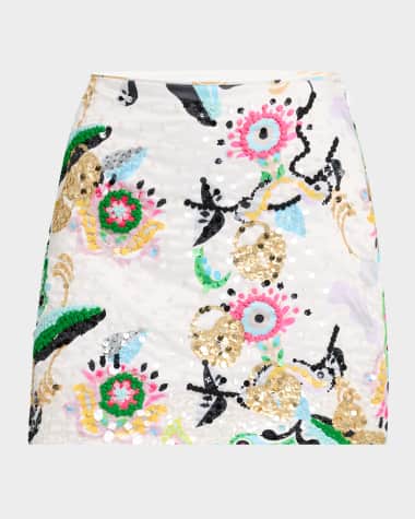 Cynthia Rowley Embroidered Sequin Satin Mini Skirt