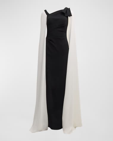 Rickie Freeman for Teri Jon Two-Tone Cape-Sleeve Crepe Column Gown