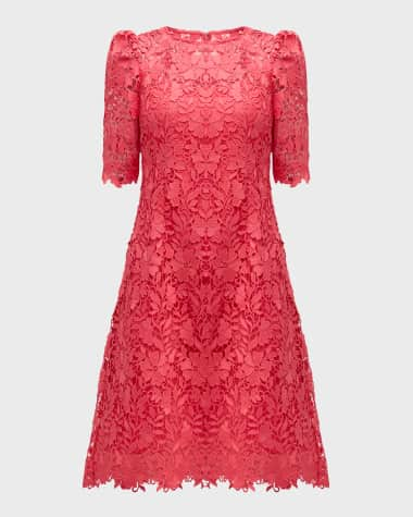 Rickie Freeman for Teri Jon Puff-Shoulder Floral Lace Midi Dress