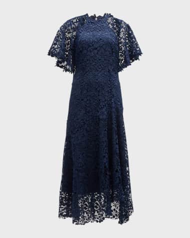 Rickie Freeman for Teri Jon Asymmetric A-Line Floral Lace Midi Dress