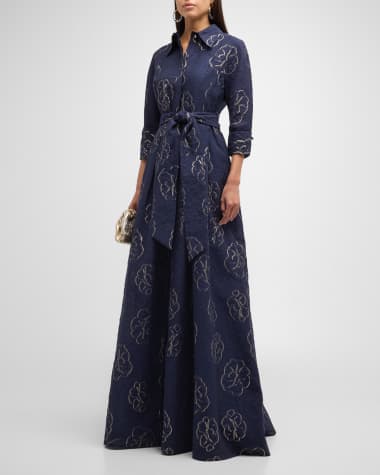 Rickie Freeman for Teri Jon Pleated Metallic Floral Jacquard Shirt Gown