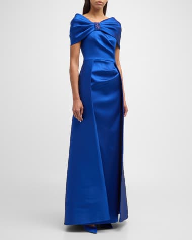 Rickie Freeman for Teri Jon Pleated Off-Shoulder Jewel-Embellished Gown