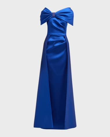 Rickie Freeman for Teri Jon Pleated Off-Shoulder Jewel-Embellished Gown