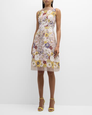 Rickie Freeman for Teri Jon Sleeveless Floral-Embroidered Tulle Midi Dress