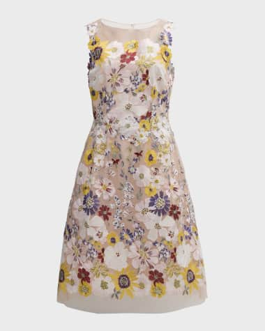 Rickie Freeman for Teri Jon Sleeveless Floral-Embroidered Tulle Midi Dress