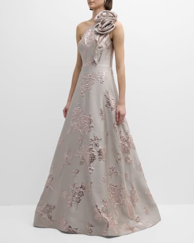 Rickie Freeman for Teri Jon One-Shoulder Metallic Floral Jacquard Gown