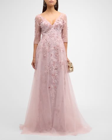 Rickie Freeman for Teri Jon Sequin Floral-Embroidered A-Line Tulle Gown