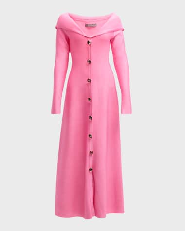 Lela Rose Off-The-Shoulder Long-Sleeve Button-Front Midi Dress