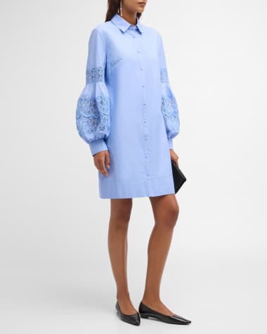 Lela Rose Lace-Inset Blouson-Sleeve Shirt Dress