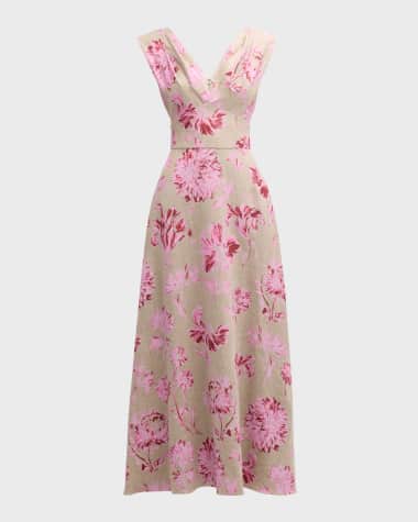 Lela Rose V-Neck Floral-Print Sleeveless Empire-Waist Maxi Dress