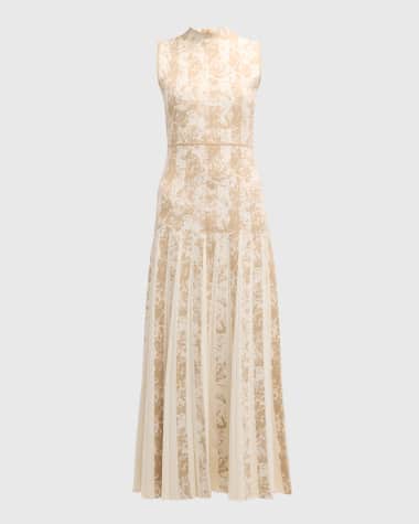 Lela Rose Pleated Floral Striped Jacquard Mock-Neck Sleeveless Midi Dress