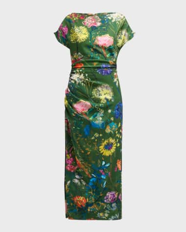 Lela Rose Floral-Print Ruched Short-Sleeve Midi Dress