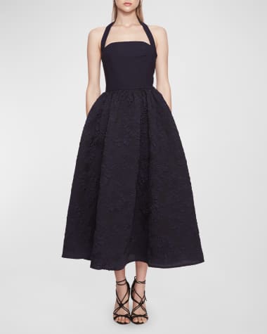 Marchesa Notte Sleeveless Jacquard & Crepe Halter Midi Dress