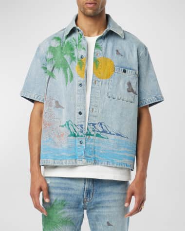 Hudson Men's Palm Embroidered Denim Camp Shirt