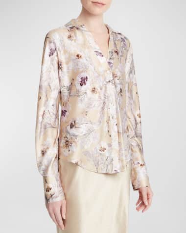 Vince Wild Flower Long-Sleeve Bias Silk Blouse