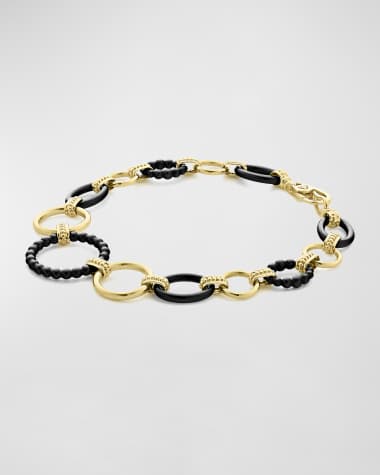LAGOS 18k Gold Caviar Link Bracelet w/ Black Ceramic, Size 7"