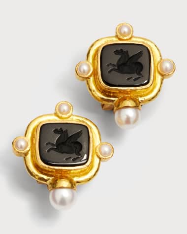 Elizabeth Locke 19K Yellow Gold Venetian Glass Intaglio Square Pegasus Earrings with Pearls