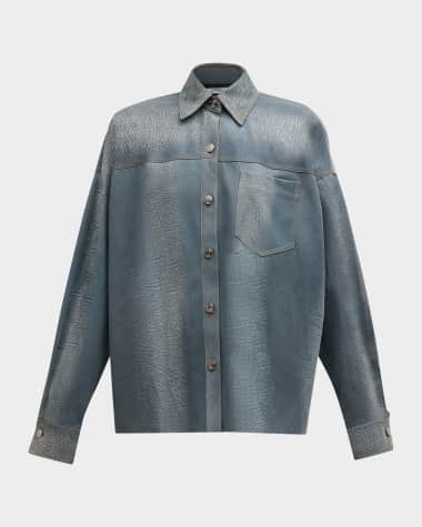 LaQuan Smith Denim-Printed Leather Oversized Button-Down Shirt