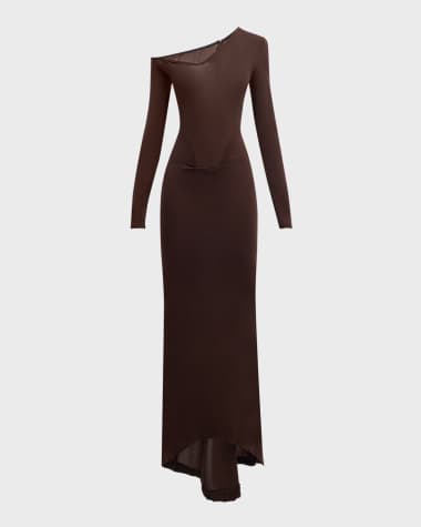 LaQuan Smith Convertible-Neck Long-Sleeve Drop-Waist Gown