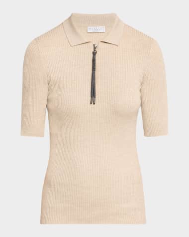 Brunello Cucinelli Ribbed Cashmere-Blend Polo Top with Monili Pull