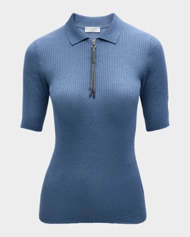 Brunello Cucinelli Ribbed Cashmere-Blend Polo Top with Monili Pull