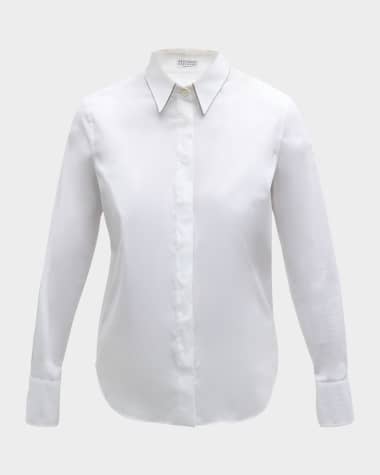 Brunello Cucinelli Cotton Poplin Button-Front Top with Monili Trim