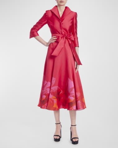 Badgley Mischka Collection 3/4-Sleeve Belted Floral-Print Midi Shirtdress